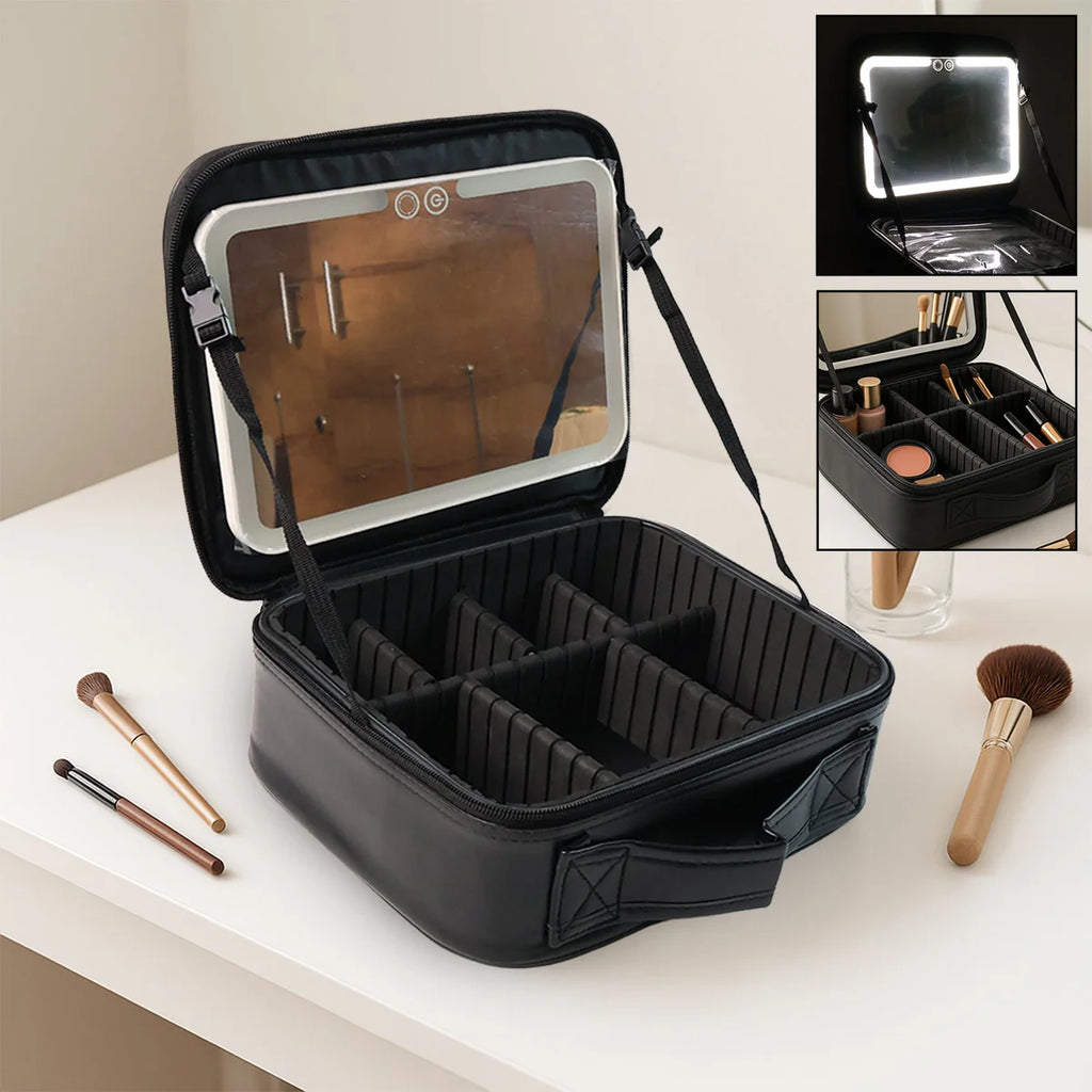 Black Premium LED Light Makeup Organizer Box with Touch Sensor Mirror