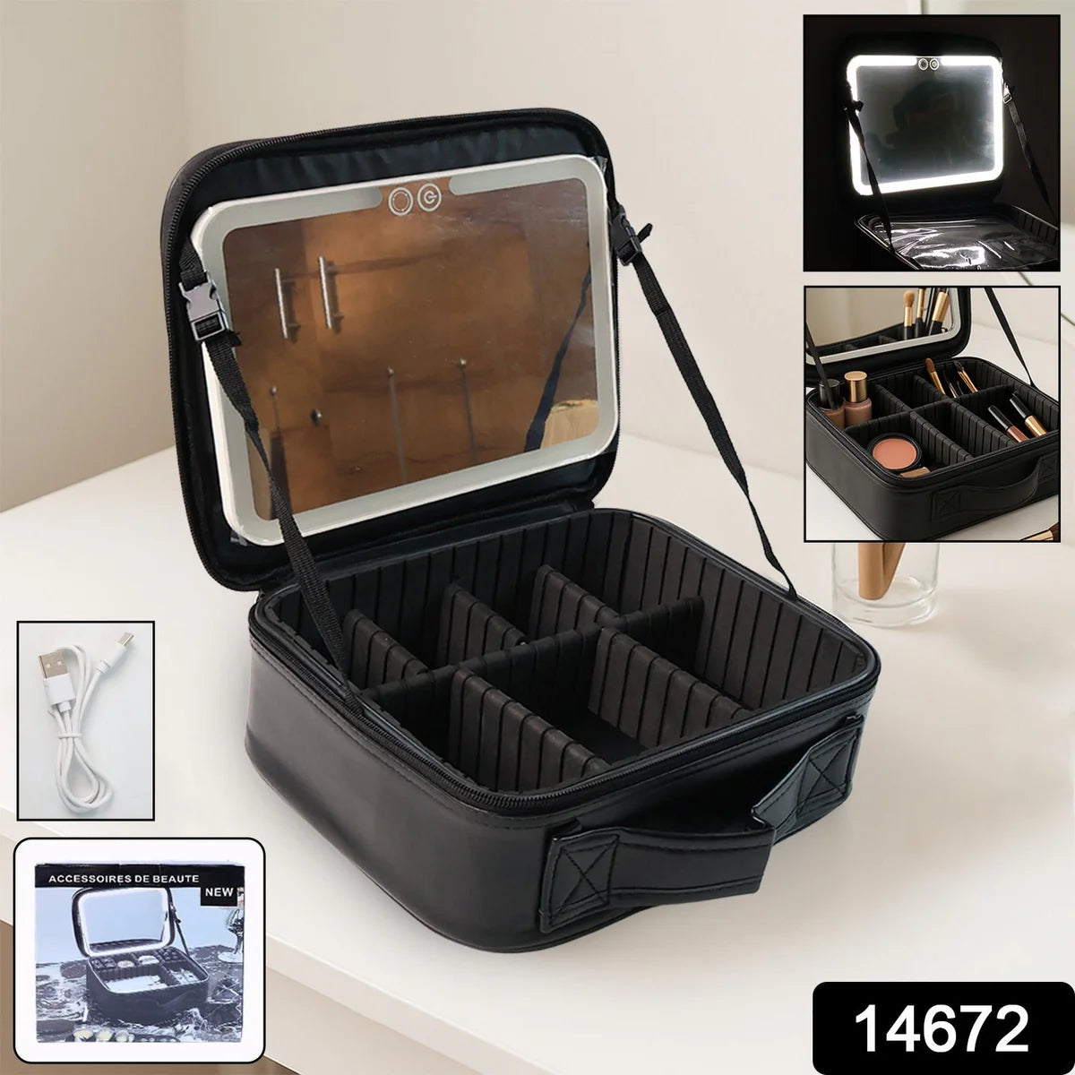 Black Premium LED Light Makeup Organizer Box with Touch Sensor Mirror