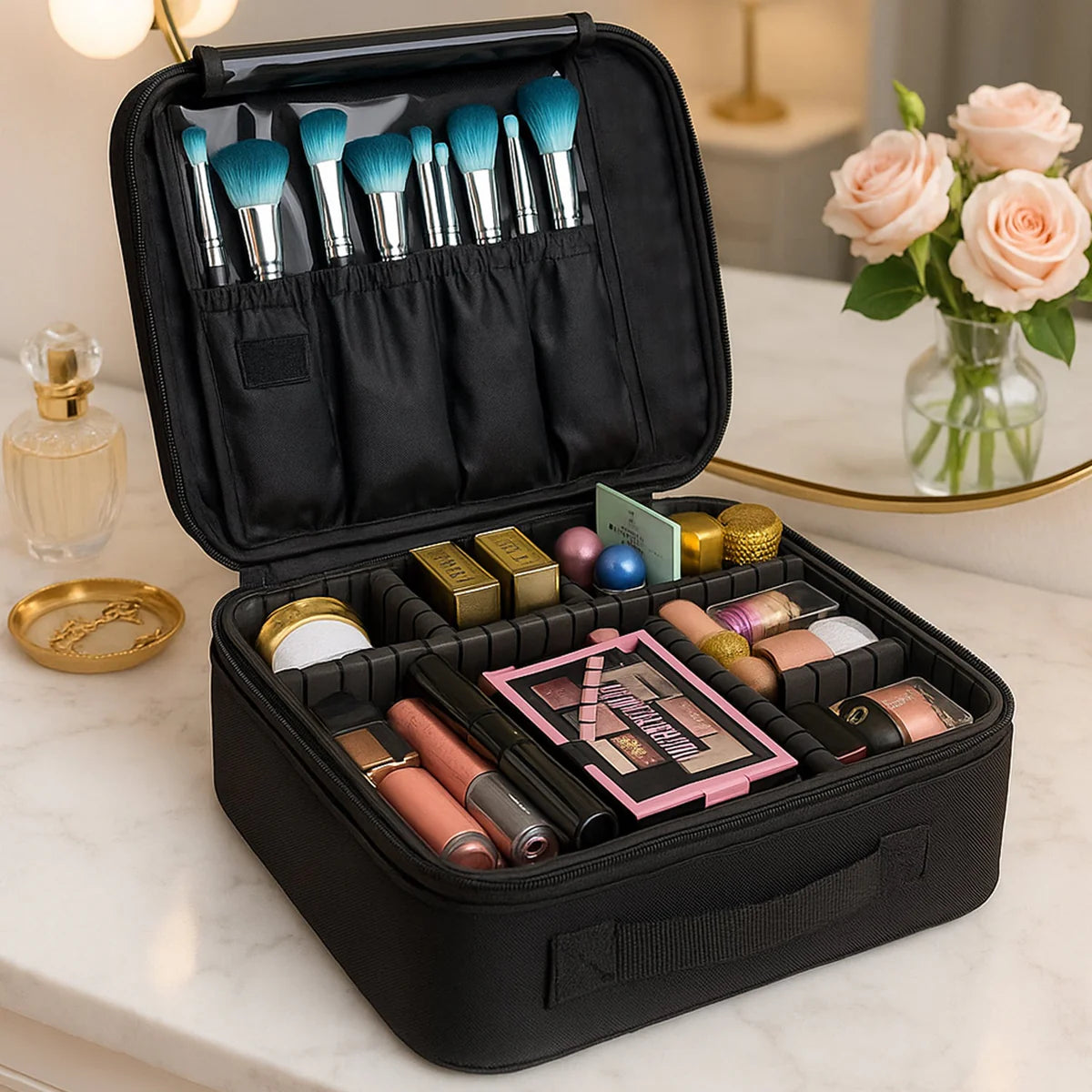 Black Premium LED Light Makeup Organizer Box with Touch Sensor Mirror
